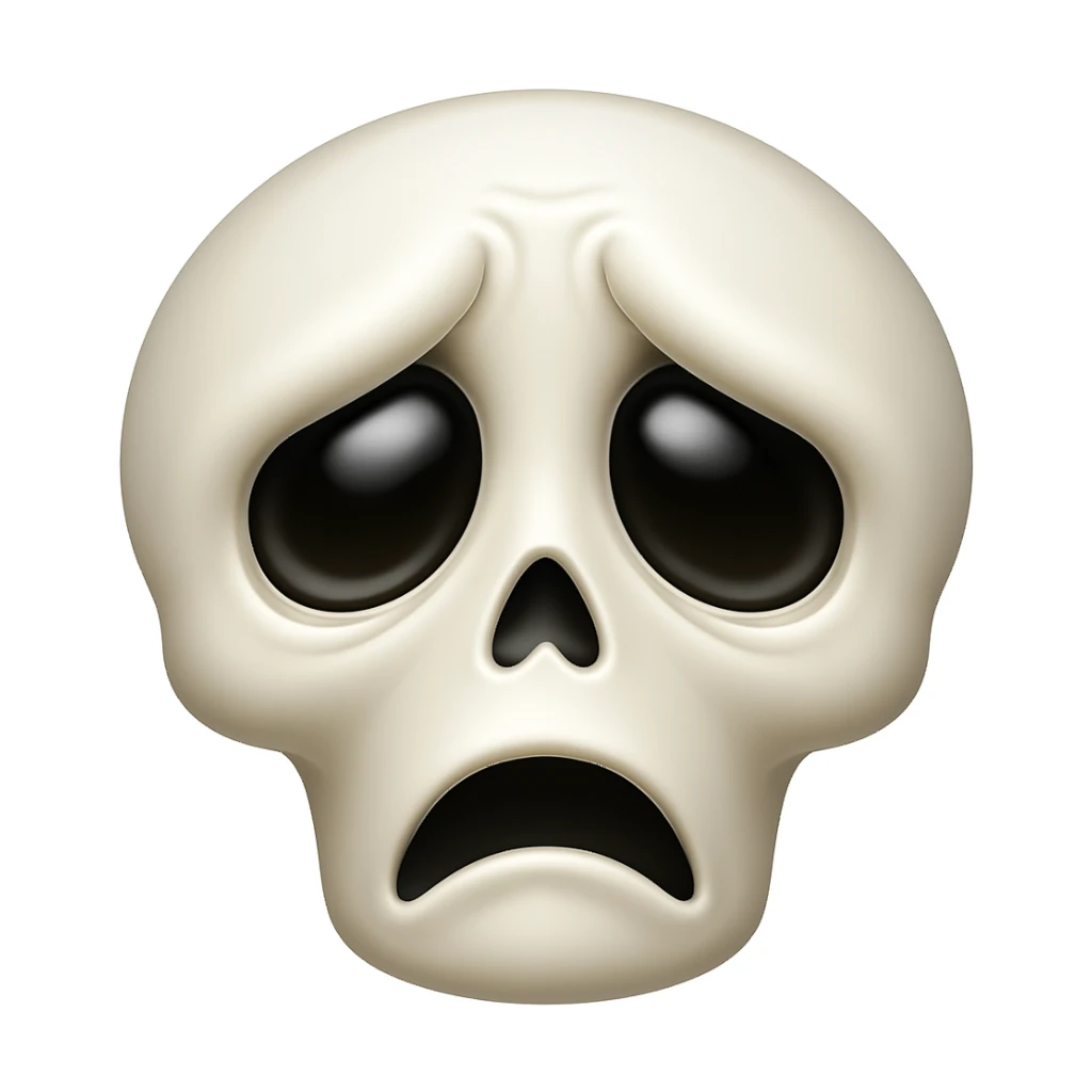 Make a sad skeleton face emoji exactly like the reference image, in iOS emoji style. Same expression, shape, and details, smooth and shiny. Add a subtle highlight. sticker