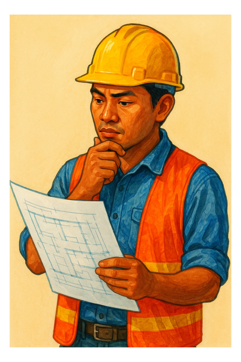 Сгенерируй мне индонезийца в чуть рисованном стиле, в каске и с чертежом в руках. По пояс. На однородном фоне. Он строитель и смотрит в чертеж и думает. Ярко, красиво, красочно sticker