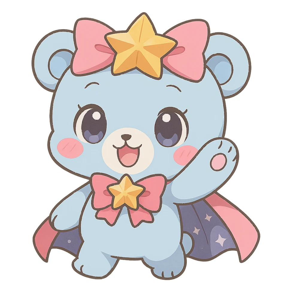Transform the anime style magical bear into chibi style with exaggeratedly cute proportions, keeping no background. Maintain the anime aesthetic while emphasizing cuteness and chibi proportions. sticker