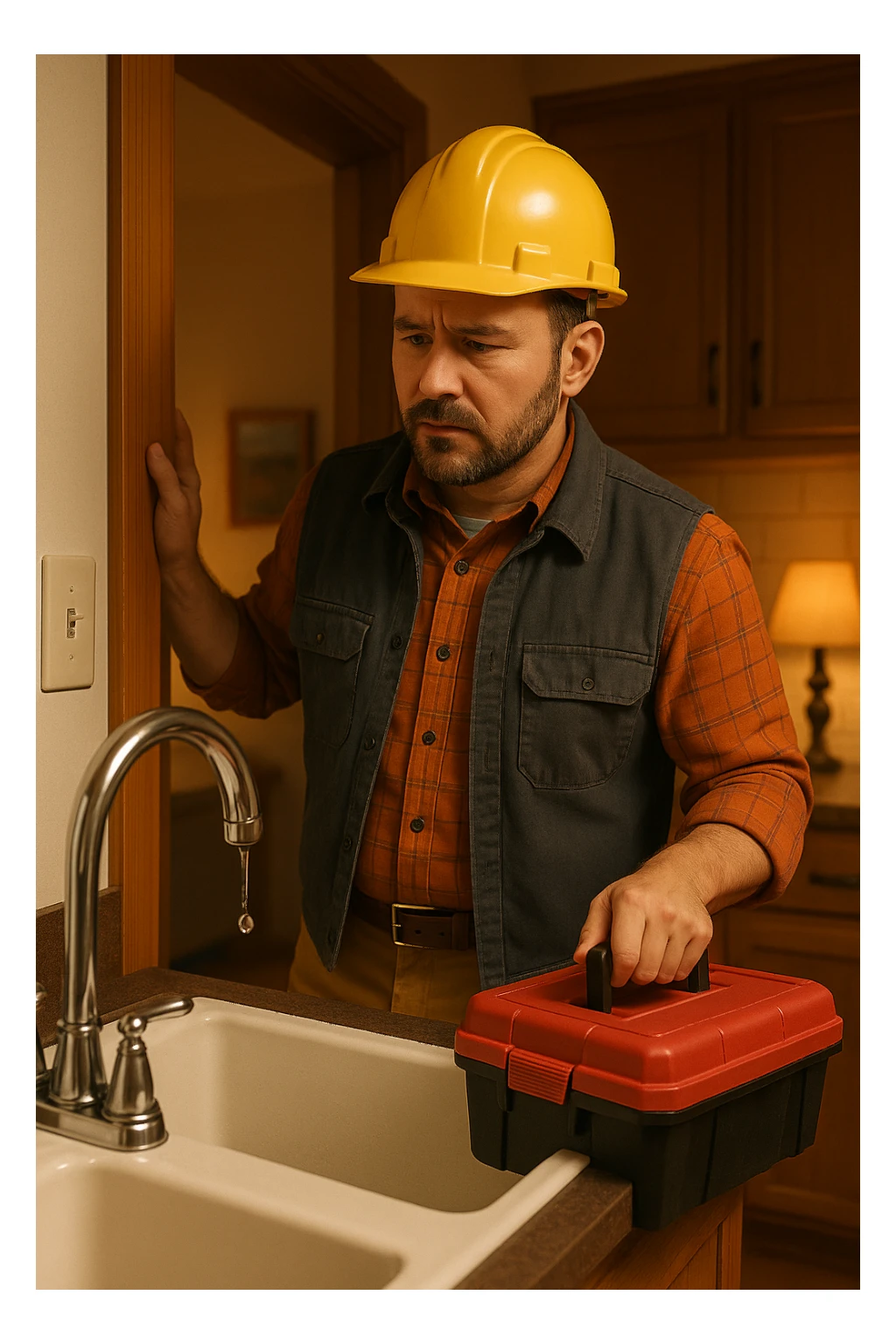 Vertical format, same scene: construction worker entering home, toolbox in hand, noticing leaky faucet, cozy home environment. Version 2 with different lighting or angle. sticker