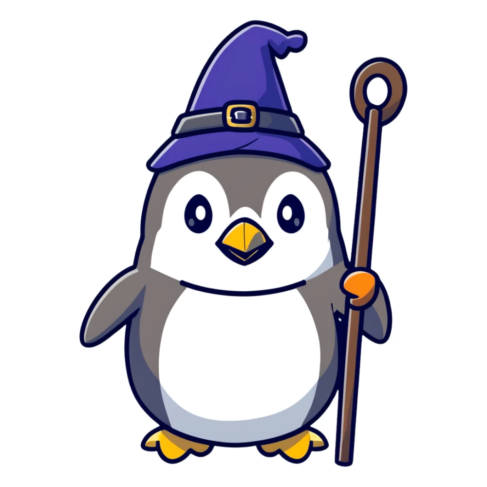 penguin wizard with a staff and hat sticker