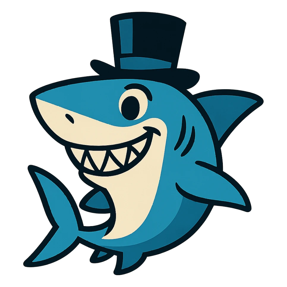 cartoon shark with a black top hat, smiling sticker