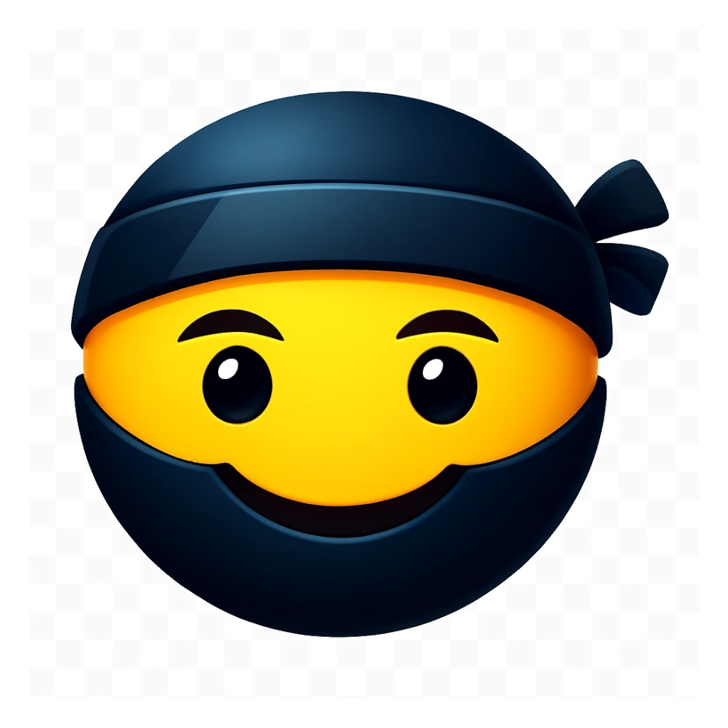 Make the ninja look exactly like the reference image, but only show the face, remove the weapon, and make the ninja smile. Keep the emoji style and the same colors. The style is emoji, which is apple style emojis with concise prompts. sticker