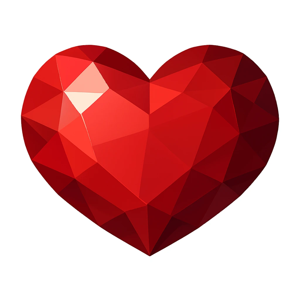 Transform this heart into a ruby in vector illustration style: no outlines, clear and contrasting facets, rich red color, flat color fills, geometric highlights, some facets lighter and some darker to create volume. sticker