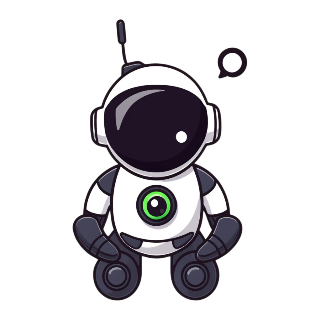 black robot with white led eyes, red background sticker