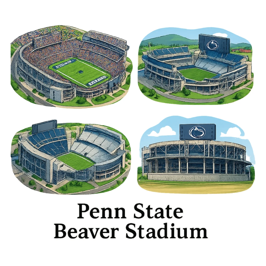 Изометричная, яркая, детализированная и фотореалистичная иллюстрация стадиона Beaver Stadium в стиле 3D-коллажей городов, насыщенные цвета, аккуратные линии, мультяшно-реалистичная стилистика. Чёткие контуры, прозрачный фон, высокое качество. sticker