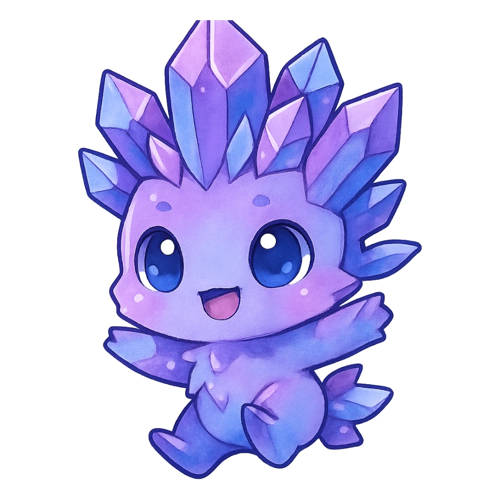 chibi kawaii crystal sprite creature in purple, blue, and pink colors, jumping pose, cute and adorable sticker