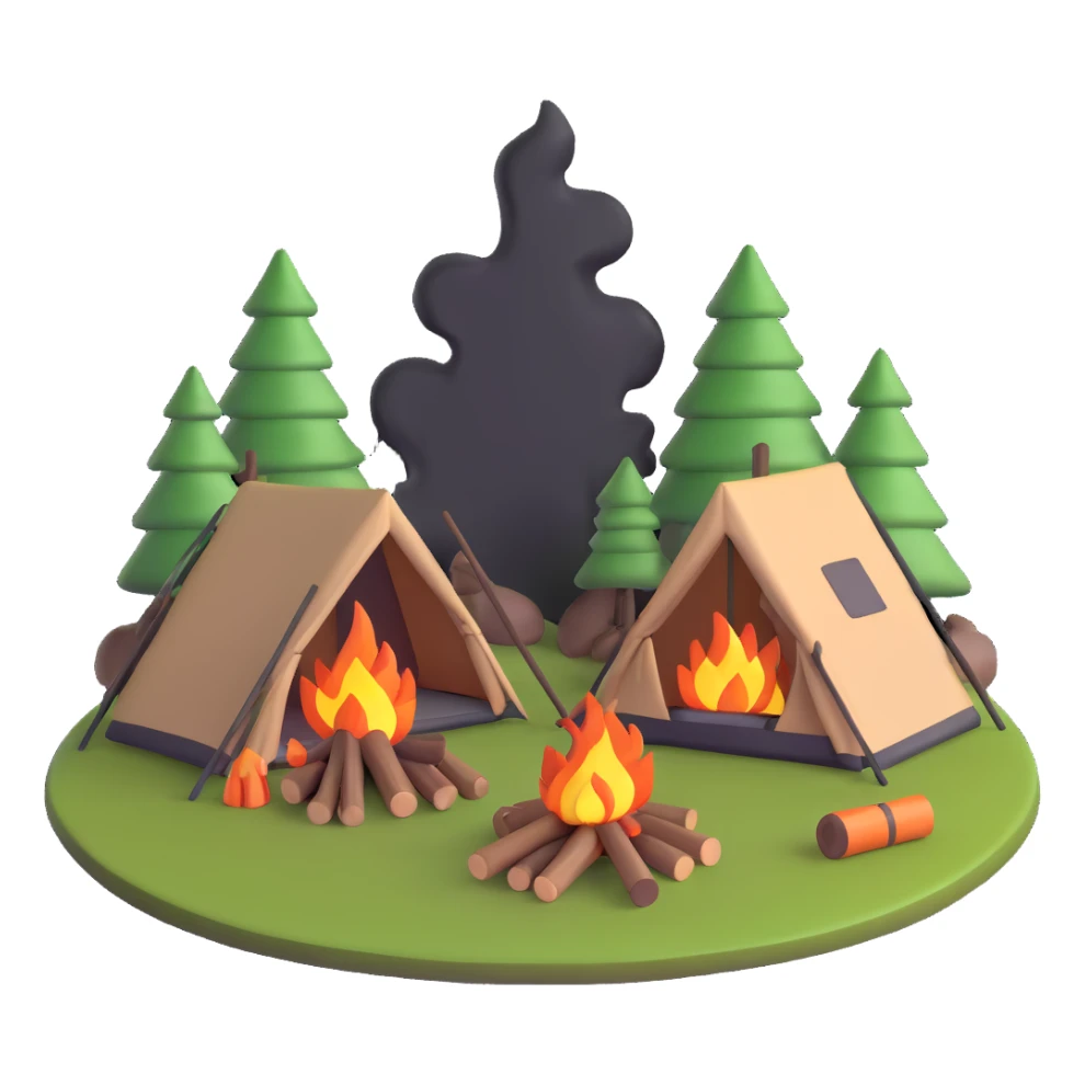campfire burning next to camping tent sticker