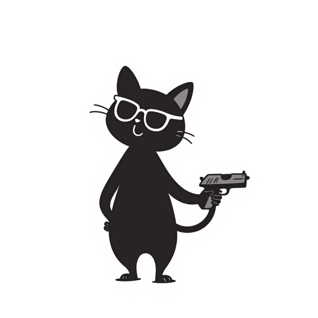 A cat with glasses and a gun sticker