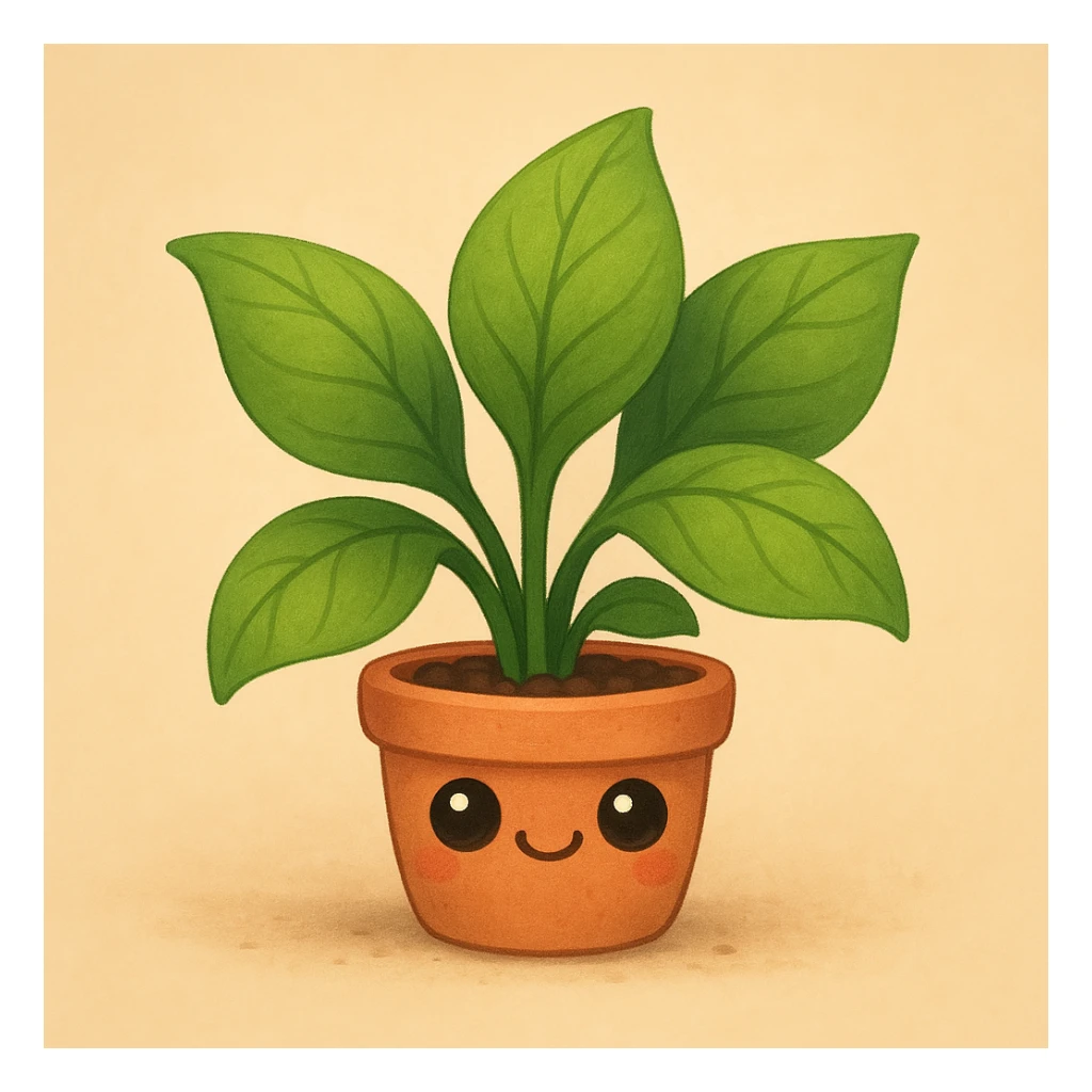 a cute smiling leafy plant with big eyes and a tiny pot sticker