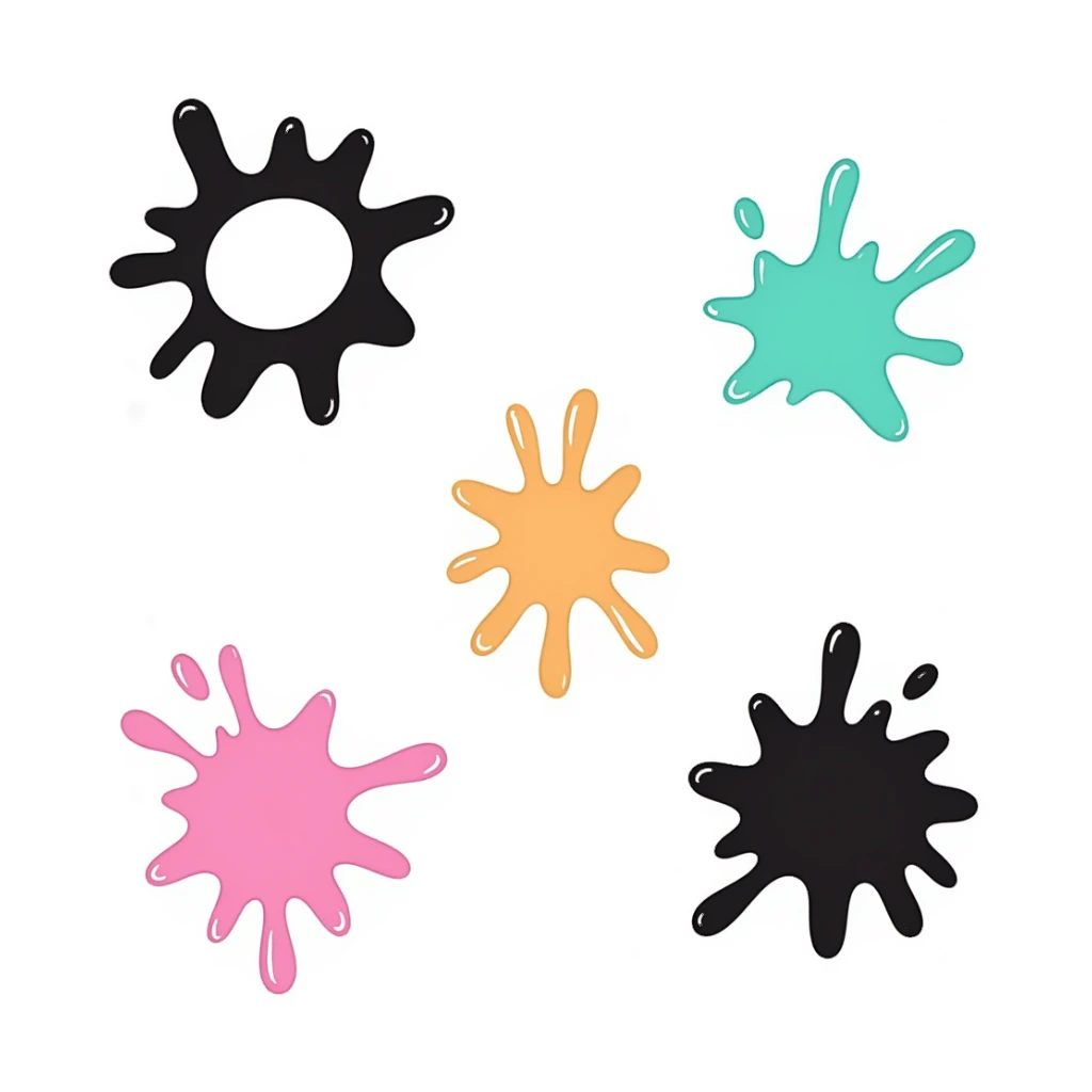 Colorful paint splatters, drips, and splashes in various shapes. Using specific pastel colors (dd9fb0, ffc6d3, a3bfc9, c4bee2, f1b091). Hand-drawn doodle style with playful, artistic splatter patterns. Transparent background. sticker