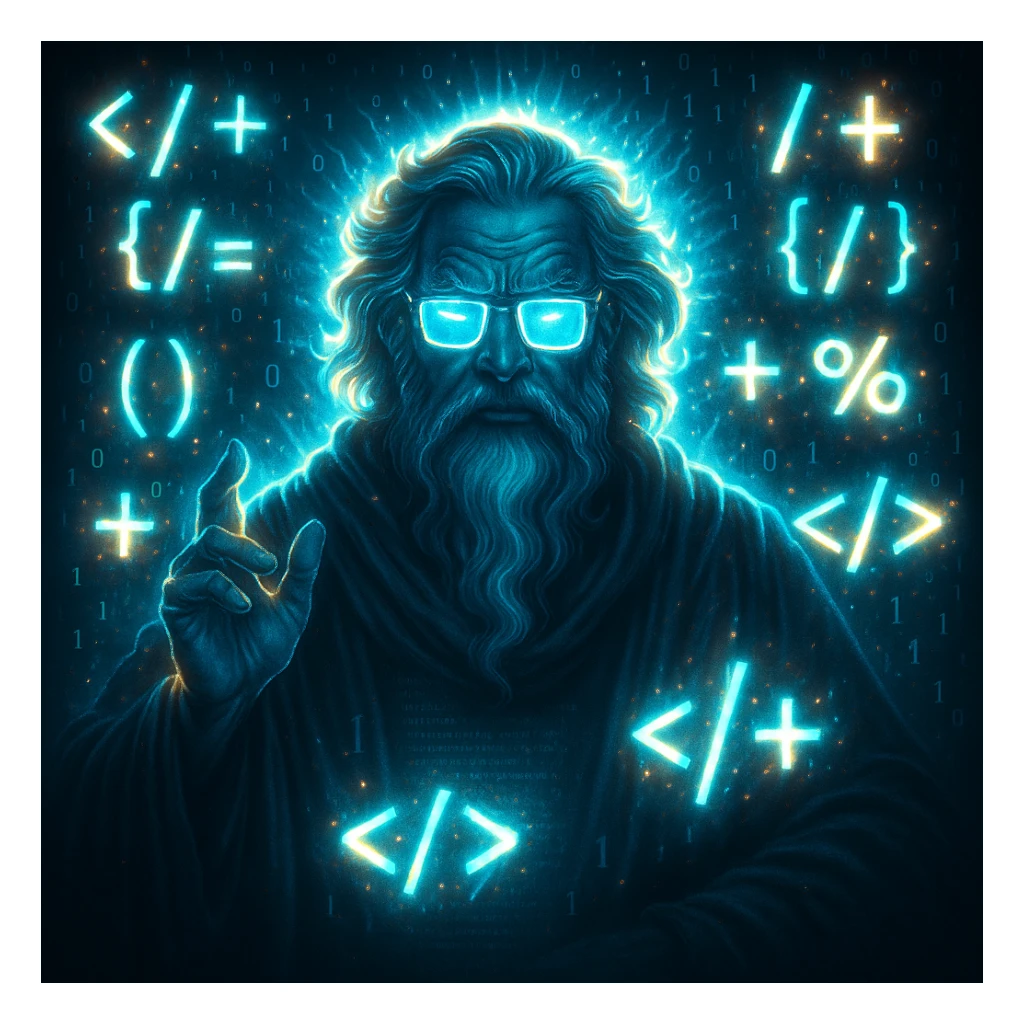 Add glowing effects around the character 'code geek master god', especially highlighting the code symbols and glasses, while maintaining a digital and powerful vibe. Enhance the image with luminous, radiant glows that emphasize the tech and mastery theme, keeping the overall digital aesthetic intact. sticker