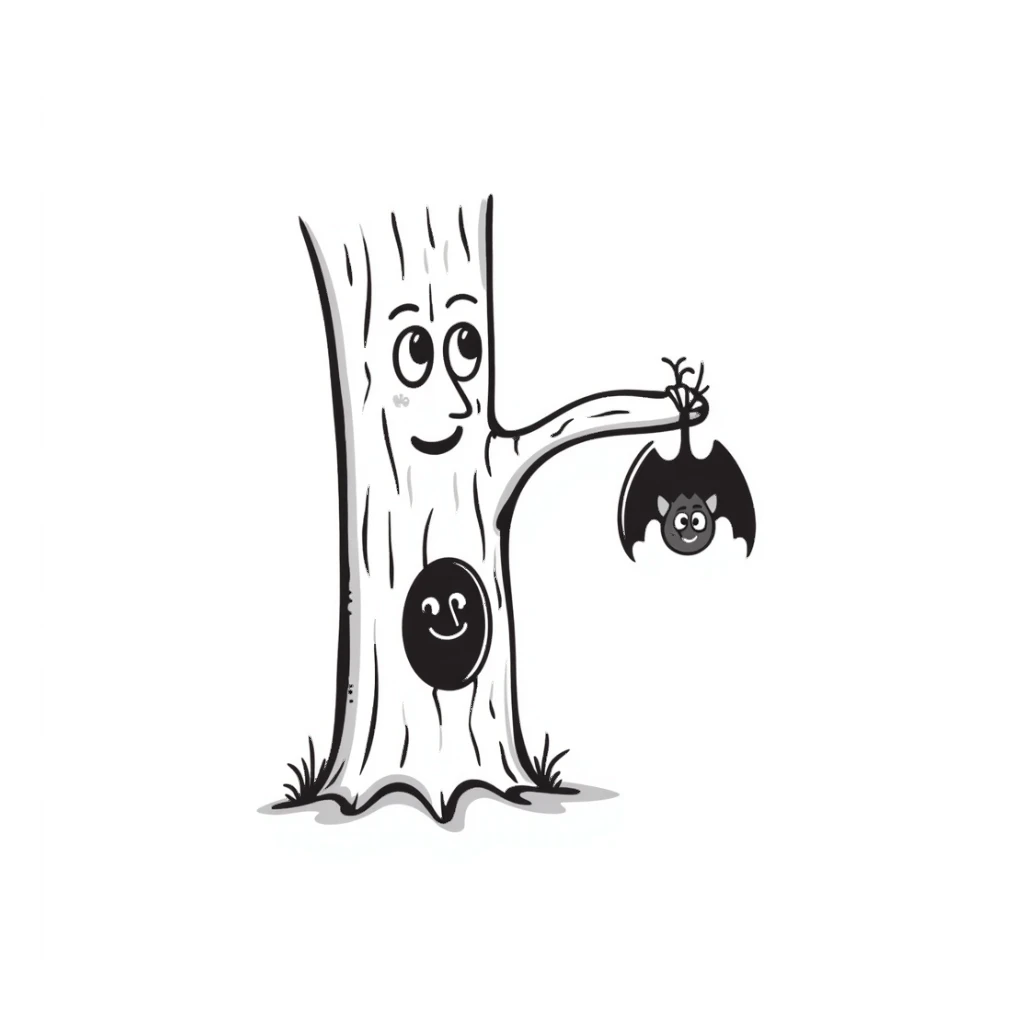 tree trunk with a face and a bat sticker