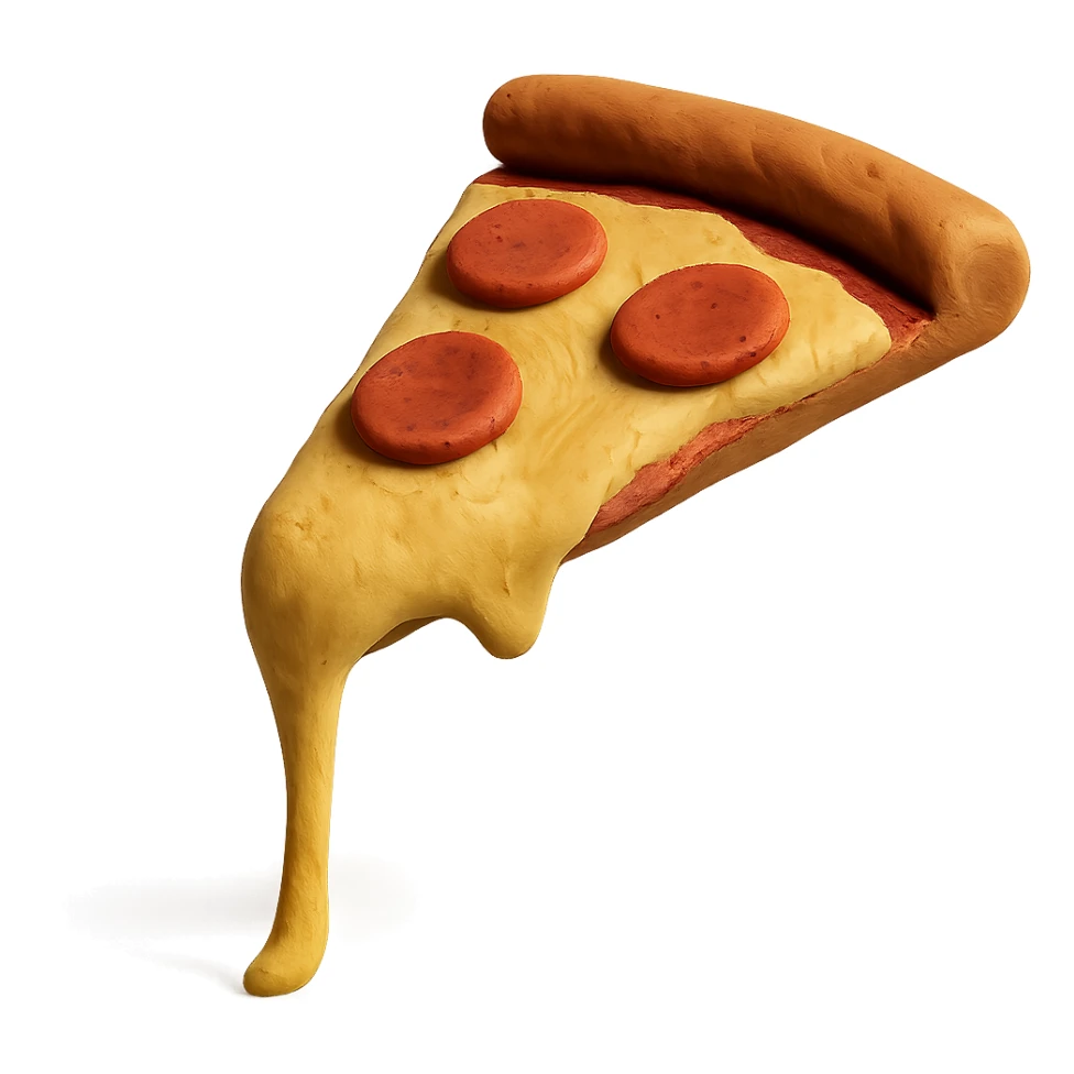 pizza slice with extra cheese stretching from the tip in claymation style sticker