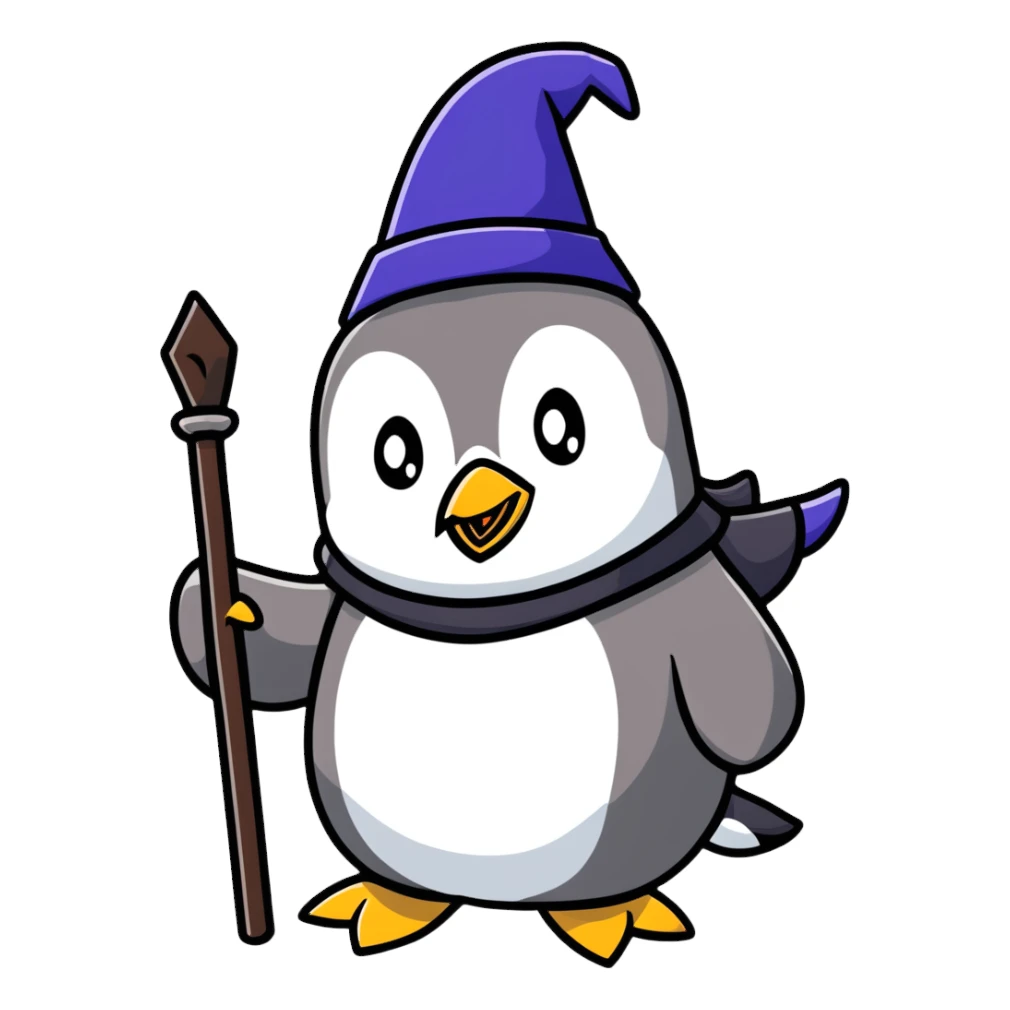 a penguin wizard with a staff and hat sticker