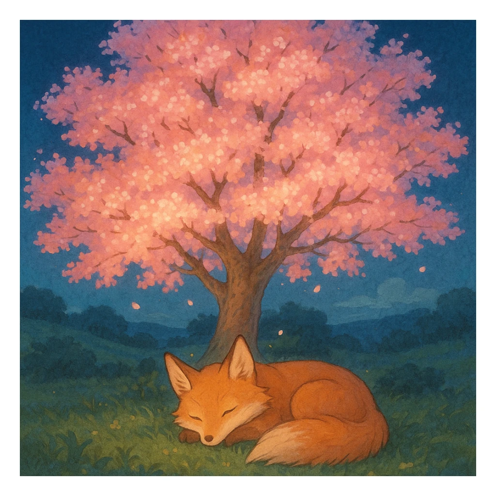 Fox spirit sleeping under a glowing sakura tree. sticker