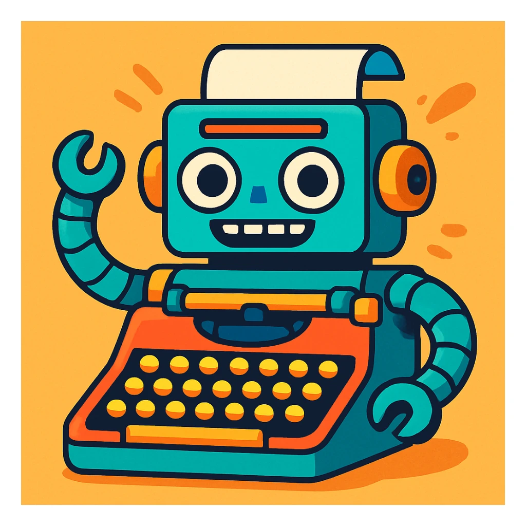 robot typewriter, playful cartoon style sticker