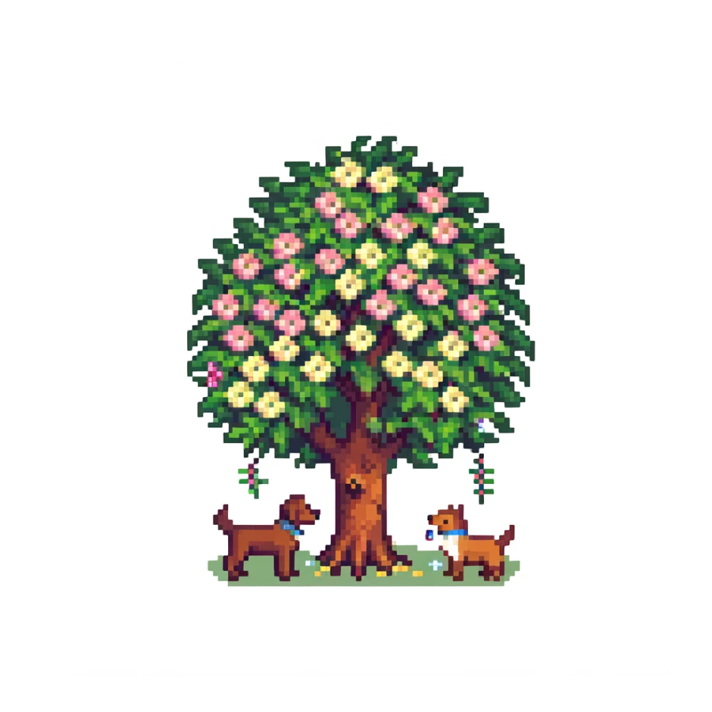 blooming tree with dogs playing around it sticker