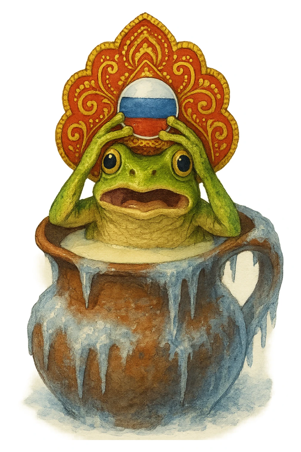 Лягушка в русском кокошнике с российским флагом как на картинке сидит в кувшине с молоком покрытом инеем и льдом, слегка рисованный стиль, прозрачный фон sticker