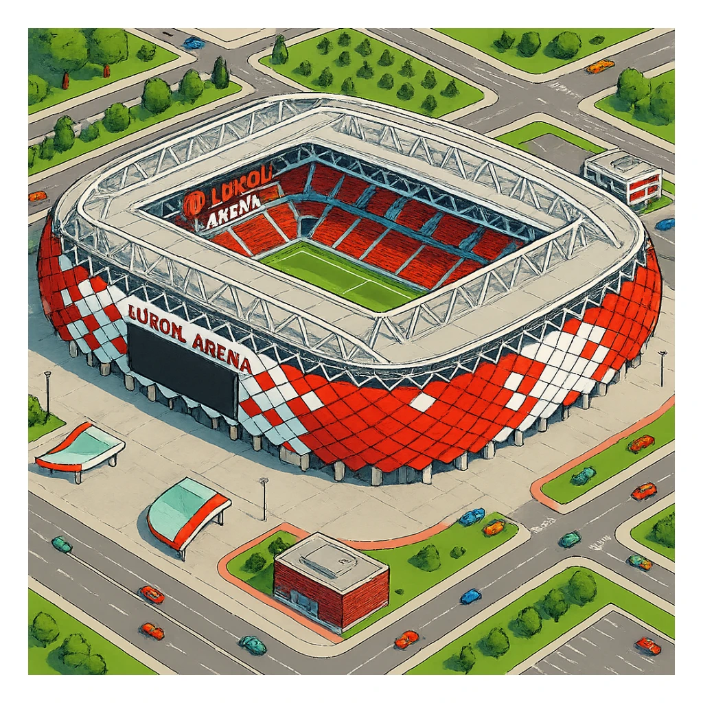 Изометричная, яркая, детализированная и фотореалистичная иллюстрация стадиона Лукойл Арена в стиле 3D-коллажей городов, насыщенные цвета, аккуратные и чёткие линии, мультяшно-реалистичная стилистика. Чёткие контуры, не размазанные линии, высокое качество, прозрачный фон, не обрезать края картинки sticker