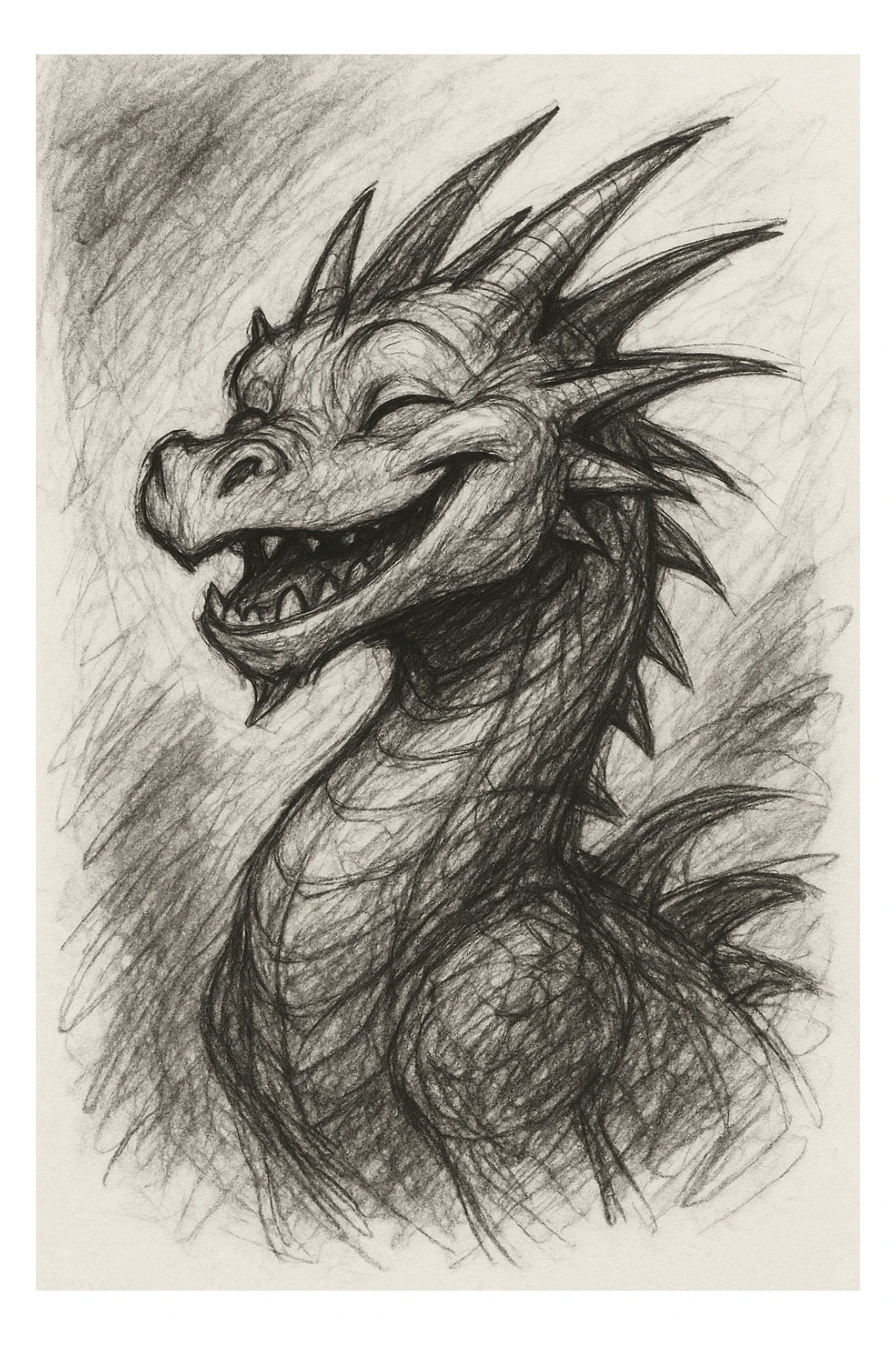 a dragon smiling, pencil sketch style sticker
