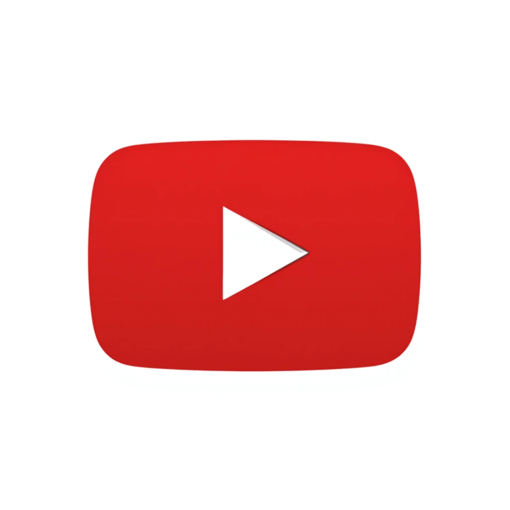 YouTube logo, red rectangle with rounded corners and white play button in the center sticker