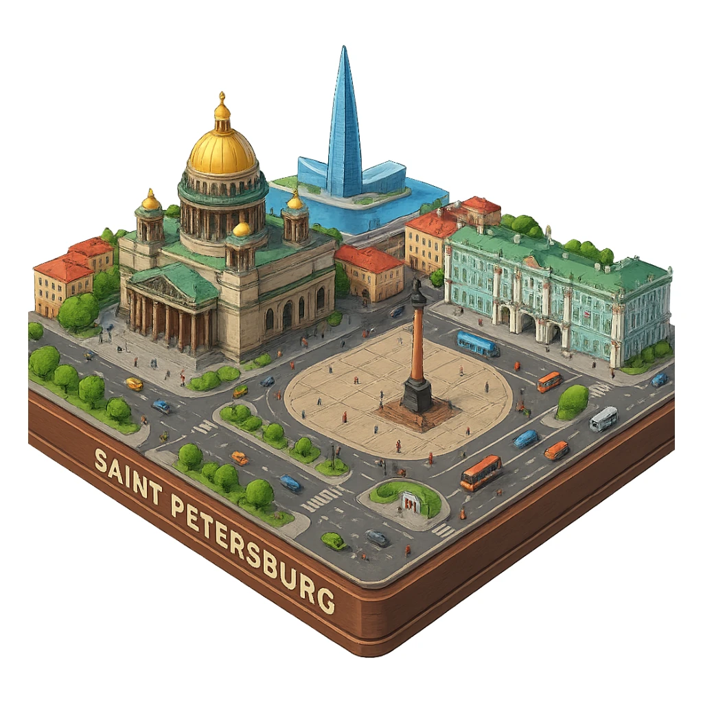 Изометричная миниатюрная фотореалистичная 3D модель Санкт-Петербурга на подставке - Исаакиевский собор, Дворцовая площадь, Зимний дворец и другая центральная часть города, Лахта-центр, четкая детализация, яркие цвета, мультяшный реализм, люди, автотранспорт и метро, компактная композиция, вид сверху в изометрии, прозрачный фон sticker
