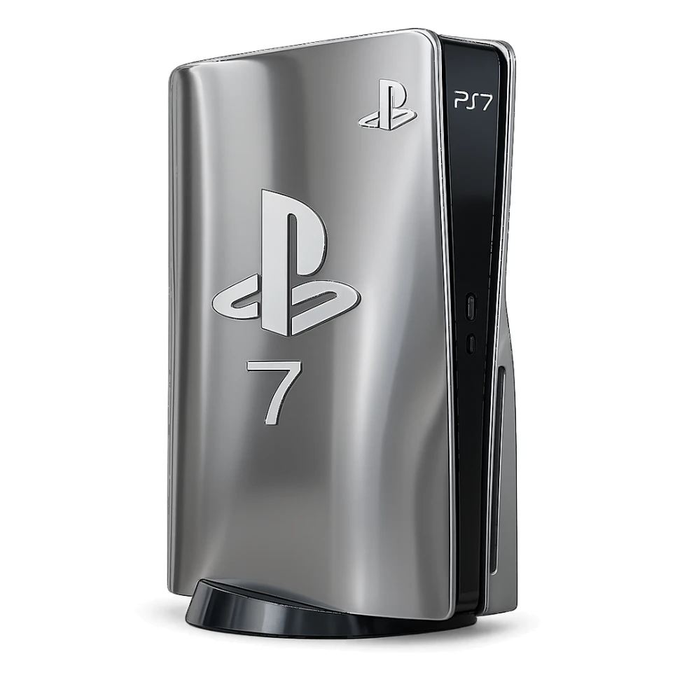 chrome style PlayStation 7 console with shiny metallic finish sticker