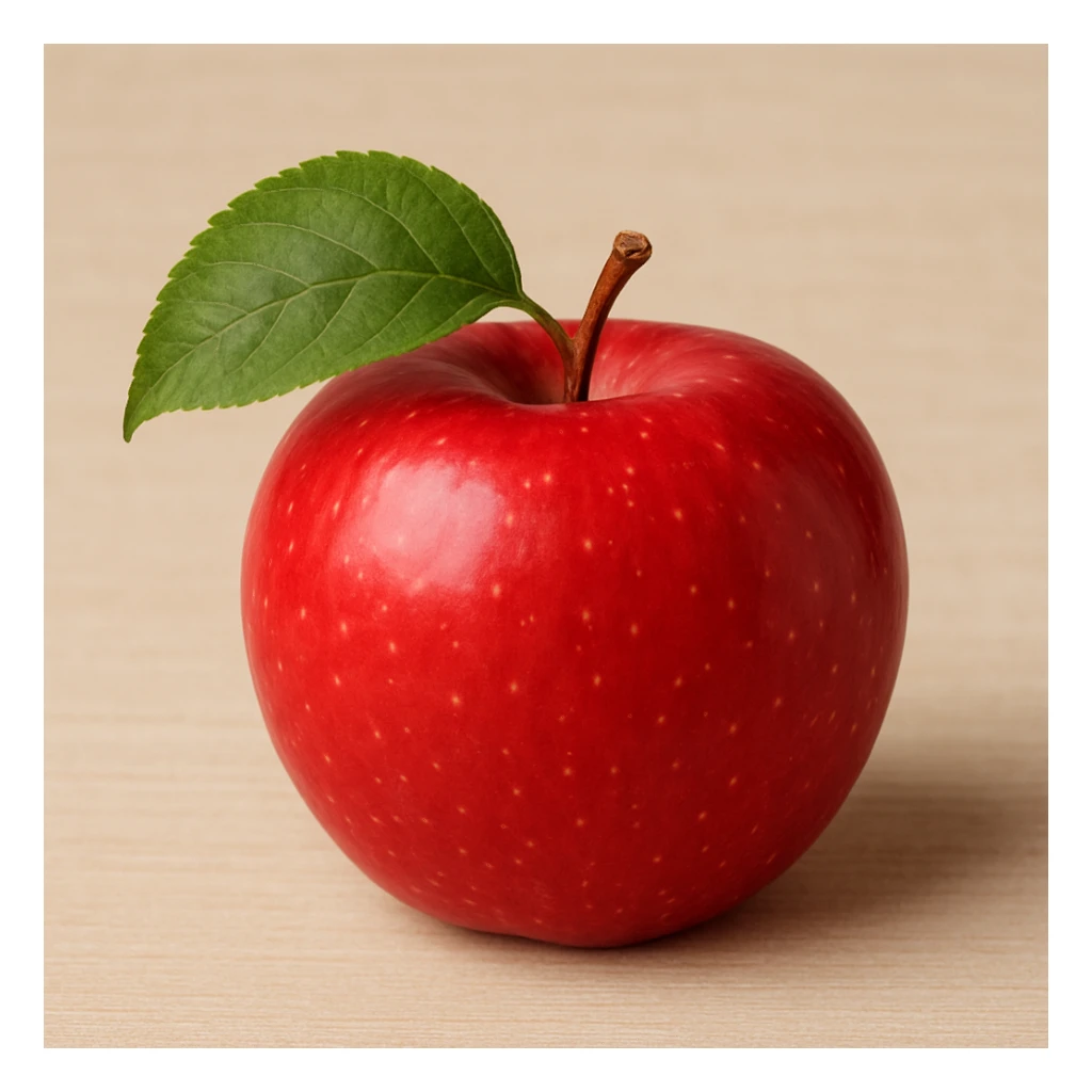 a red apple with a green leaf sticker