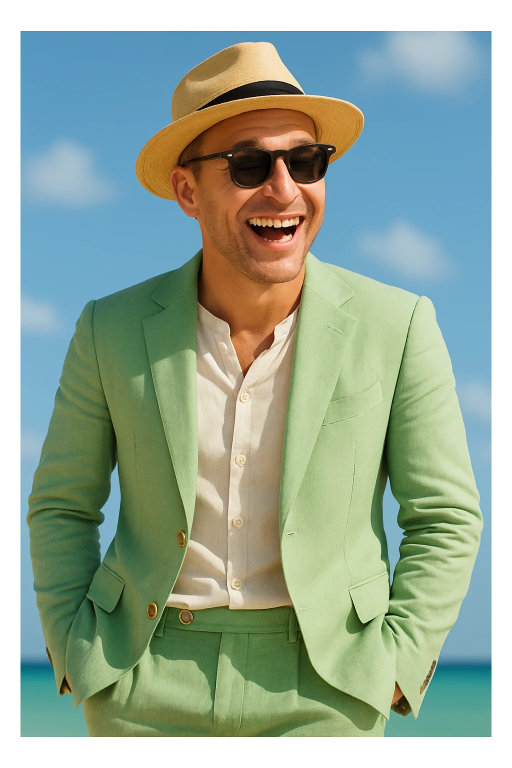 Make the man more animated and Scandinavian with lively expression and Scandinavian features. Keep the light green linen suit, sunglasses, and straw hat. sticker