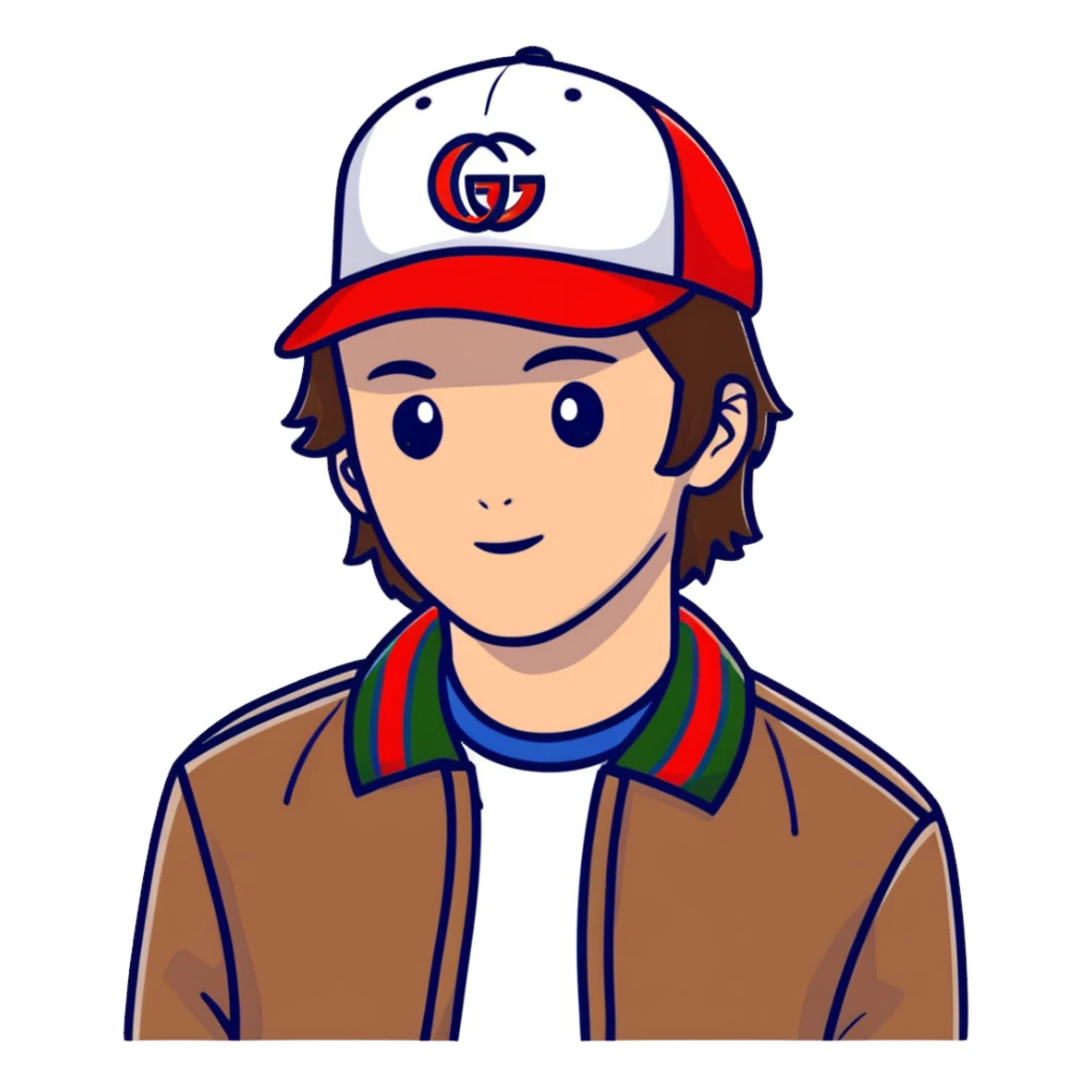 man with medium-length brown hair, Gucci cap sticker