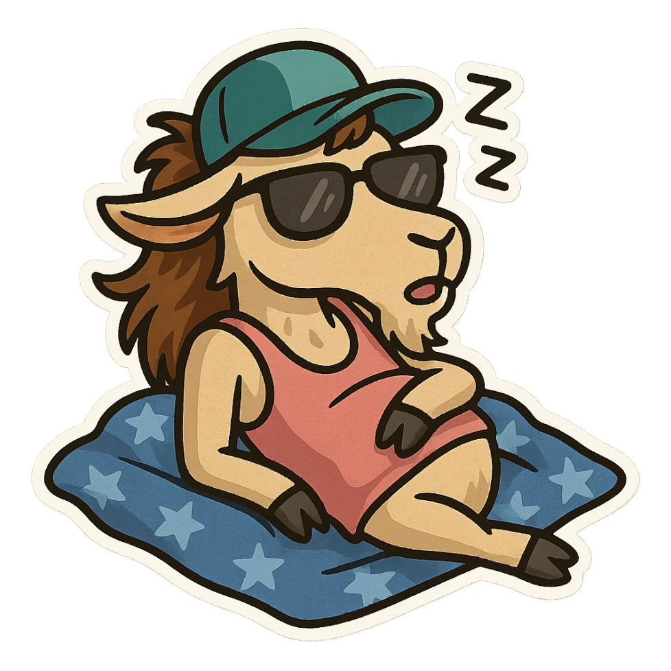 goat for Telegram stickers inspired by reference https://attic.sh/feoducyurkpqwz0la088soao98sx: wearing a cap, glasses, mullet hairstyle, pink drunkard tank top. спит на голубых тряпках с узором звездочка sticker