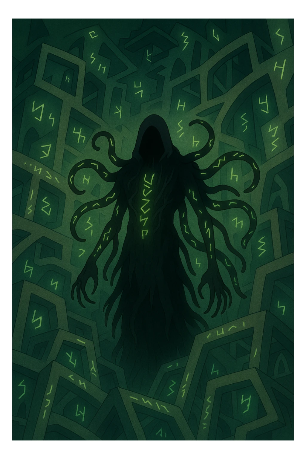 Make this eldritch horror even more disturbing: add impossible geometry, more glowing runes, twisted limbs, unnatural proportions, and a haunting aura. Horror style, deeply unsettling. sticker