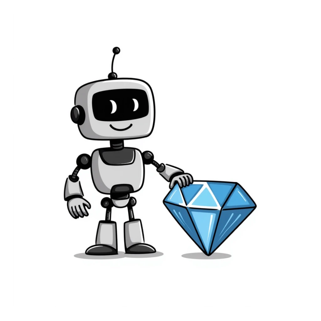 smiling robot and a large blue diamond sticker