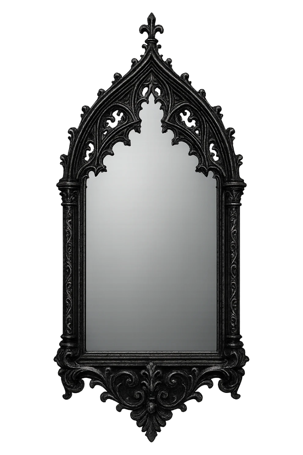 gothic mirror with ornate black and silver frame, no background sticker