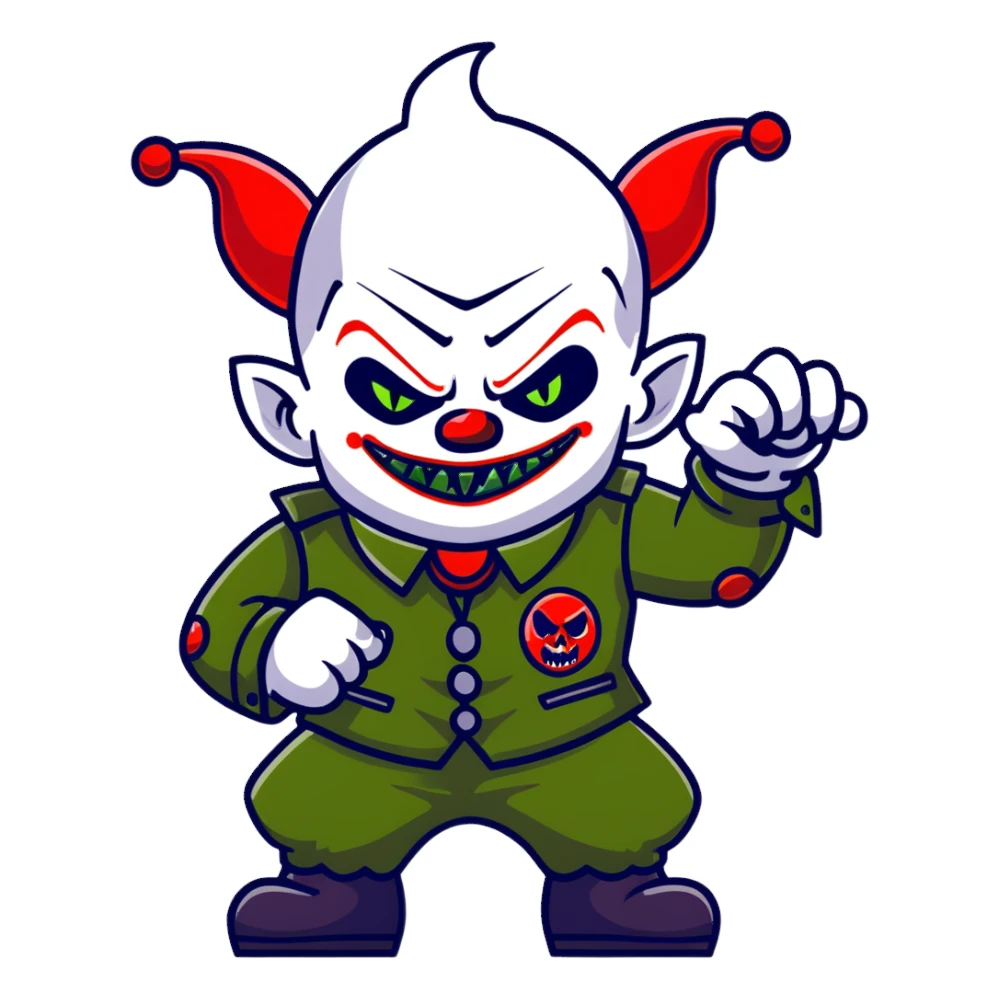 evil clown warrior, bald, very short devil-like horns on forehead, fangs, pointed ears, black and military green leisure suit, battle-ready fighting posture sticker