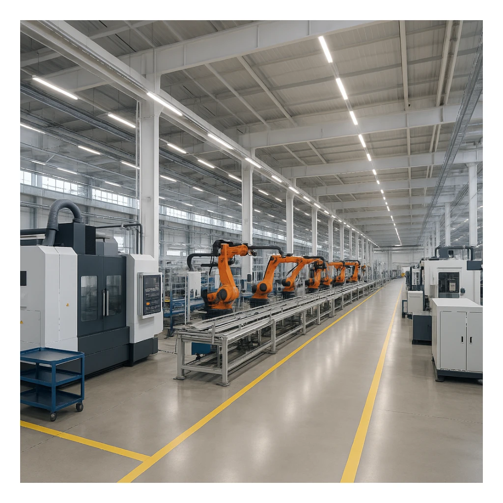 a modern manufacturing factory interior with large machinery and assembly lines, clean and organized industrial environment, suitable for branding sticker