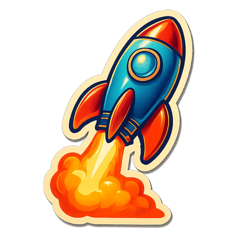 rocket ship blasting off, retro stickers style sticker