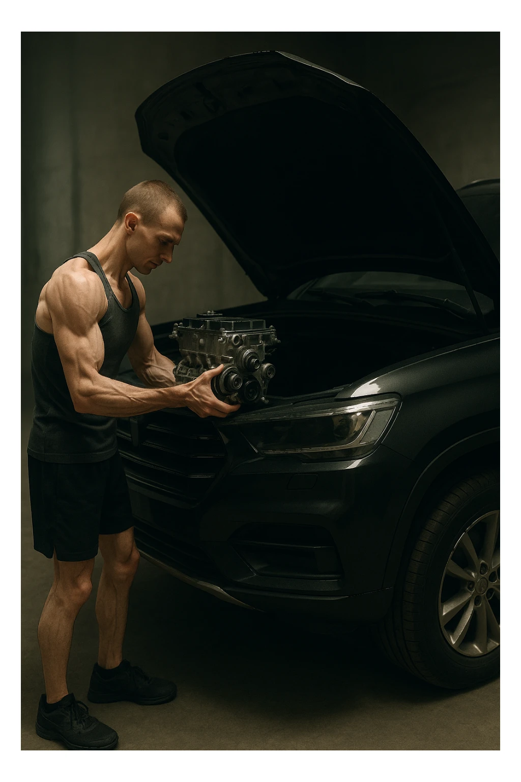 a lean, slimmed-down bodybuilder in gym clothes stands beside a large, imposing car (like an SUV or luxury sedan) with the hood open. Con attenzione e un po’ di fatica, solleva e installa un piccolo motore nel grande vano motore dell’auto. Il contrasto tra la stazza dell’auto e la dimensione ridotta sia del motore che del bodybuilder è evidente. L’atmosfera è riflessiva e simbolica. sticker