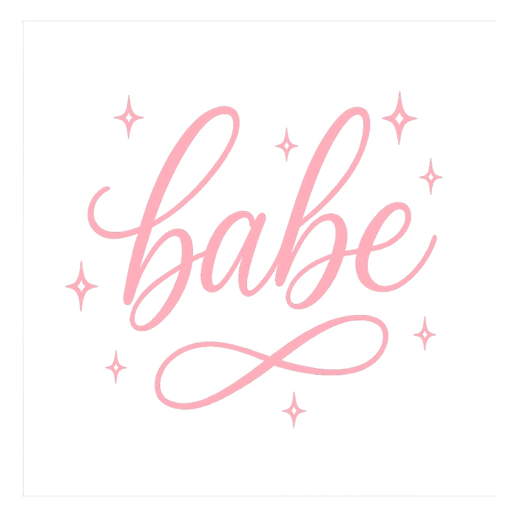 the word 'babe' in elegant pink script with sparkles, no background sticker