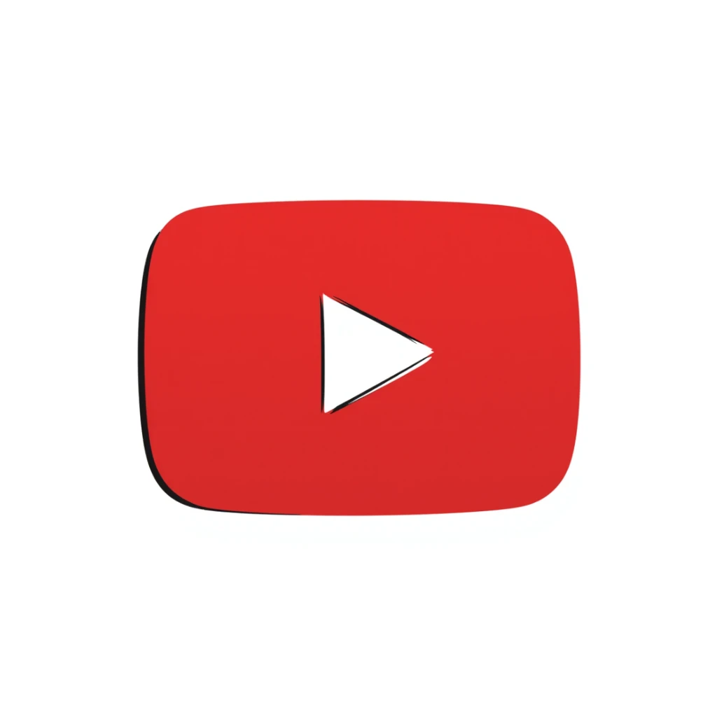 YouTube logo, red rectangle with rounded corners and white play button in the center sticker