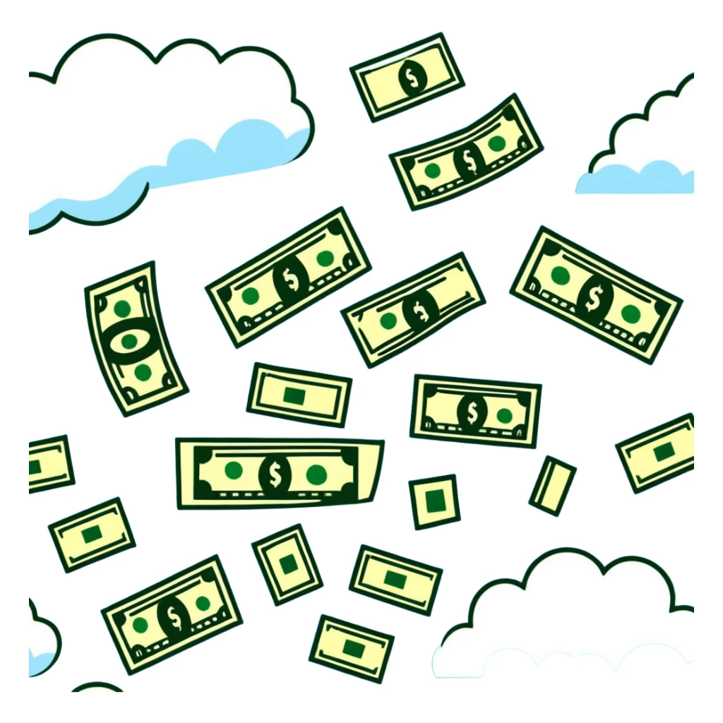 money rain, dollar bills falling from clouds sticker