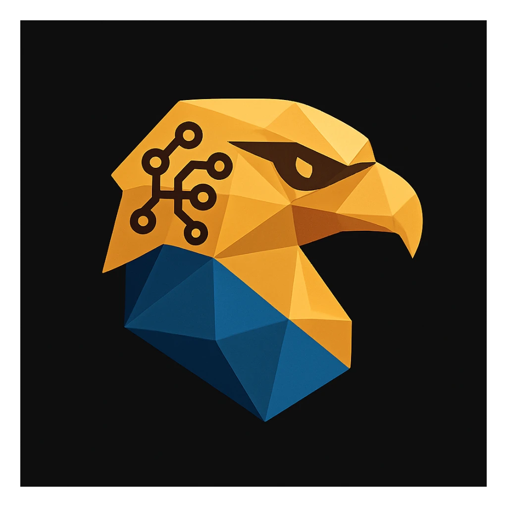 Create a mini icon version of the abstract eagle head logo in the same polygonal style and color palette. Make it compact and optimized for small sizes, adding a subtle AI element such as a digital brain pattern or neural network motif. Ensure the mini logo remains clean and recognizable. sticker