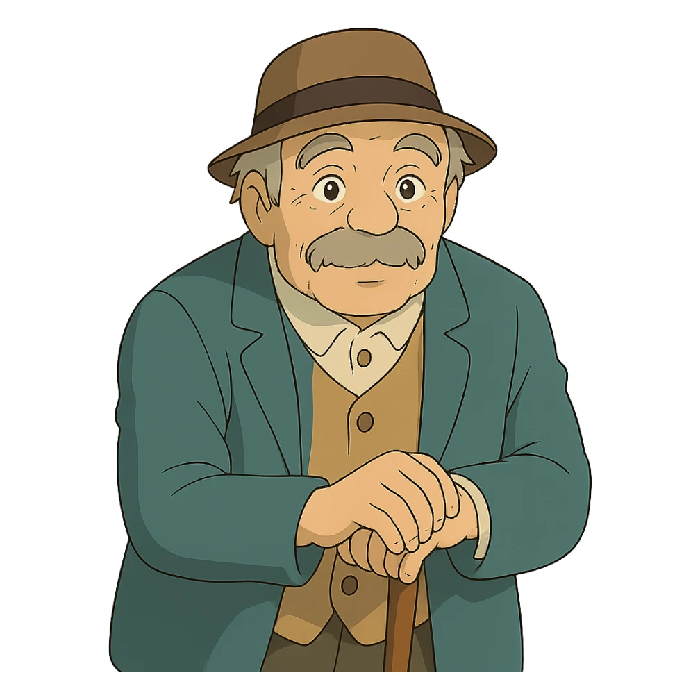 man with a cane, gentle expression, ghibli style sticker