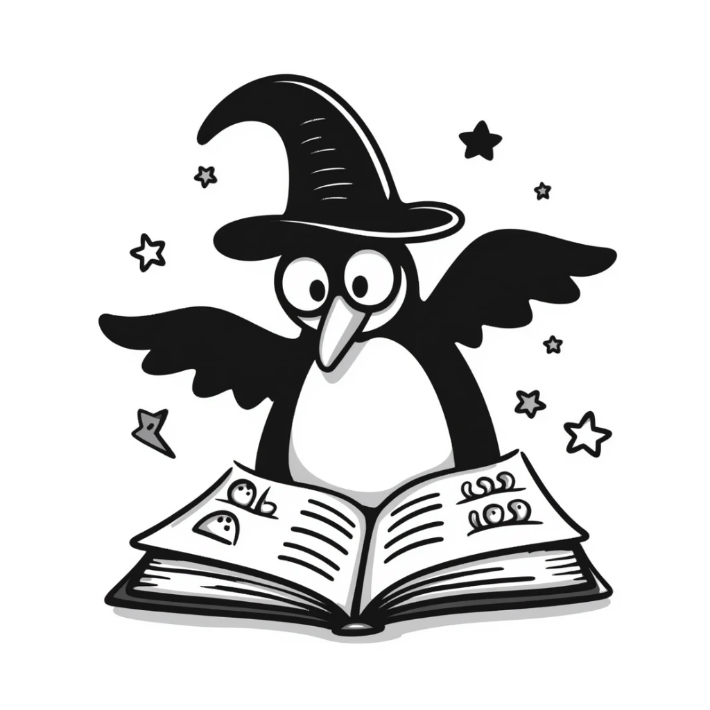 A whimsical penguin wizard studying a magical spellbook sticker