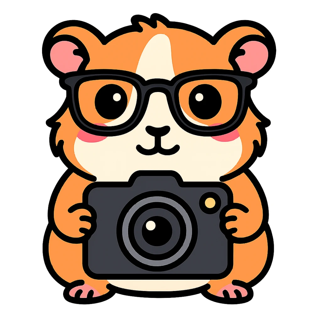 Make the guinea pig match the original reference: same face and glasses style, but holding a camera for a camera app, in a cute, outlined, colorful style. sticker