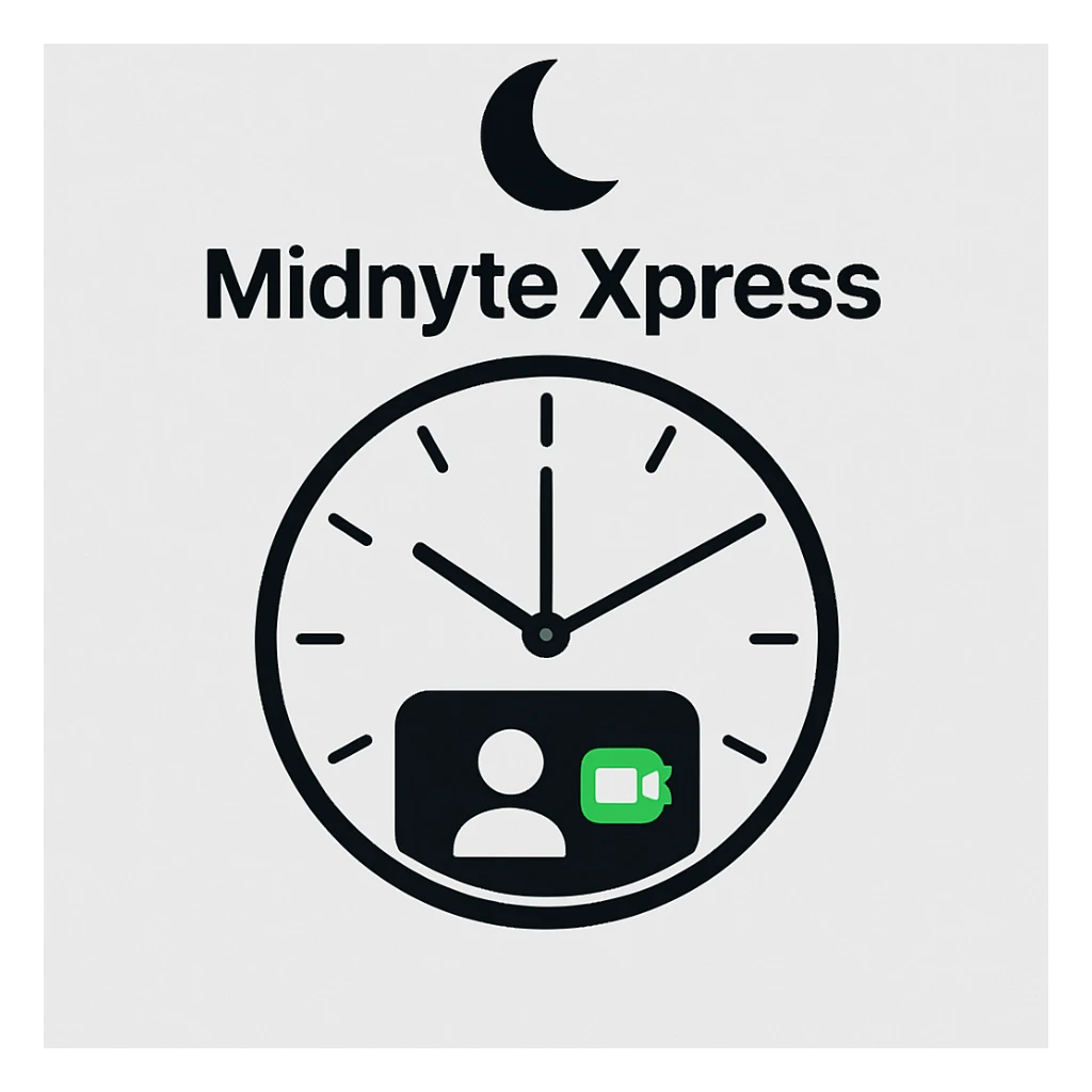 Clock at midnight with a FaceTime video call window as the clock face, 'Midnyte Xpress' in bold above, half moon above the text. Sleek, digital-inspired, minimalist, tech-forward, modern, clear, visually balanced design. sticker
