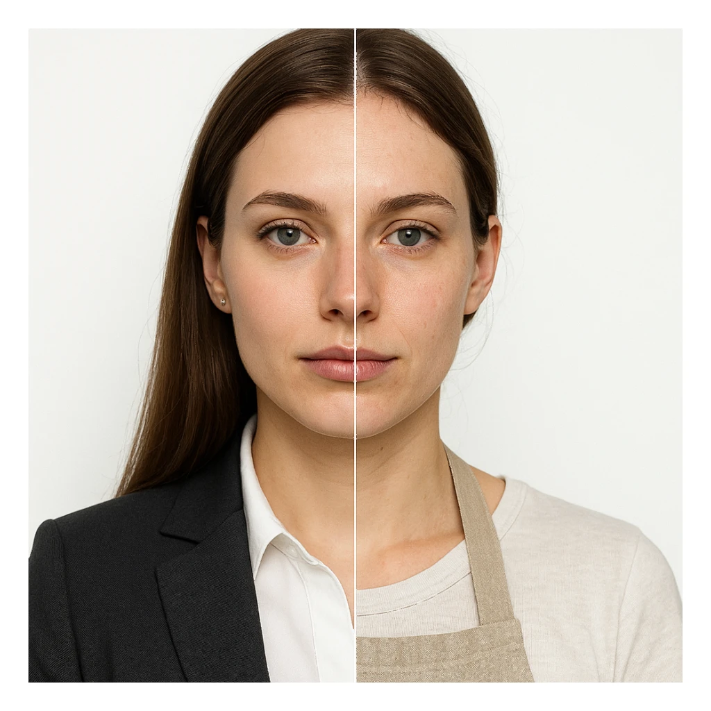 4K hyper realistic split-image: beautiful woman, left side with subtle office makeup and attire, right side natural, homemaker apron, white background, strong contrast, symmetrical. sticker