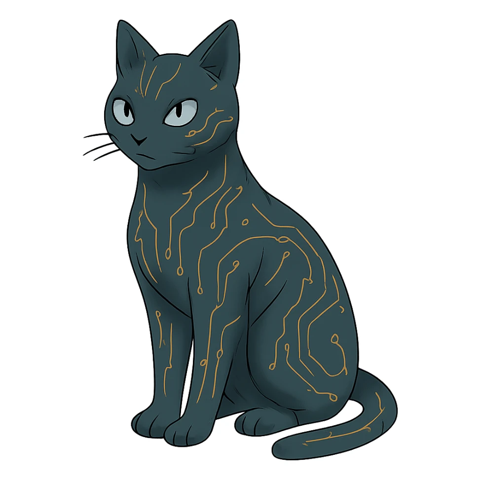 ghibli style sleek cybercat with circuit patterns sticker