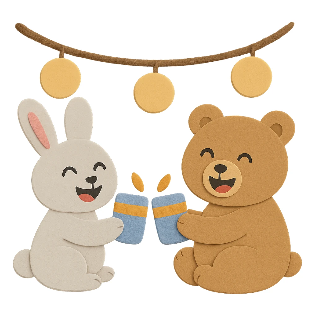 Make the image more visually appealing with both the bunny and bear having laughing faces, and ensure the body parts of the bear and bunny are visually good looking and matching. Keep all other design elements unchanged sticker